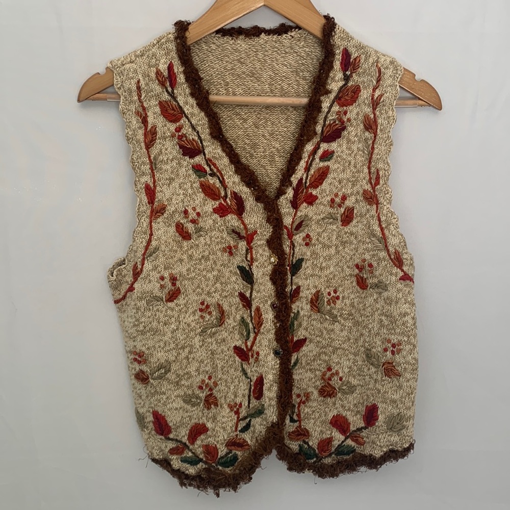 Handmade Vintage Knit Embroidered Vest with V-Neck and Unique Buttons Small